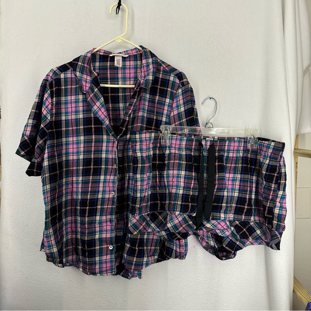 Victoria’s Secret Plaid Pajama Short Sleeve‎ Set XL Pink